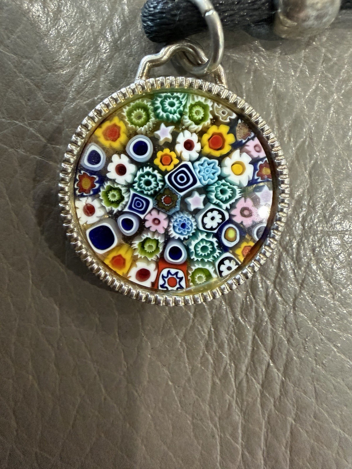 Silver Millefiori Flower Glass Pendant Green Red Yellow