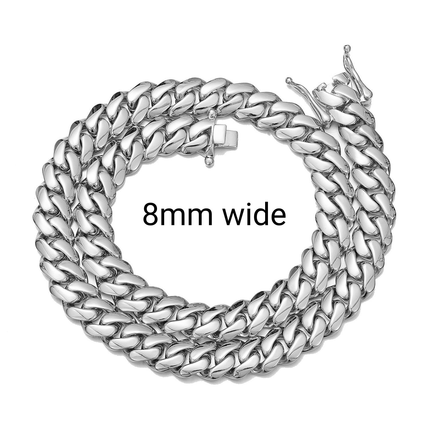 8-20mm Cool Men’s Miami Chain Silver Solid Stainless Steel Necklace or Bracelet