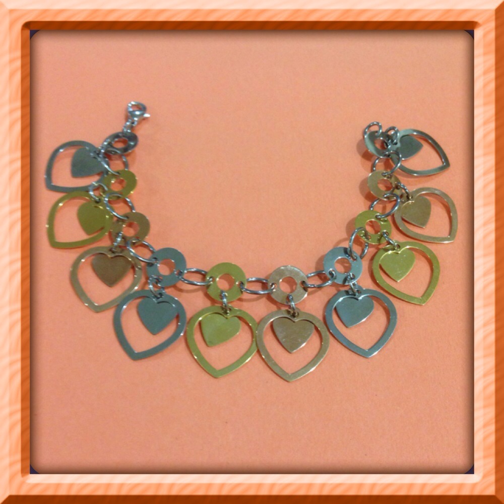 Edforce Stainless Steel Three Tone Hearts Charms Bracelet 7.5″ Inch Long 2013