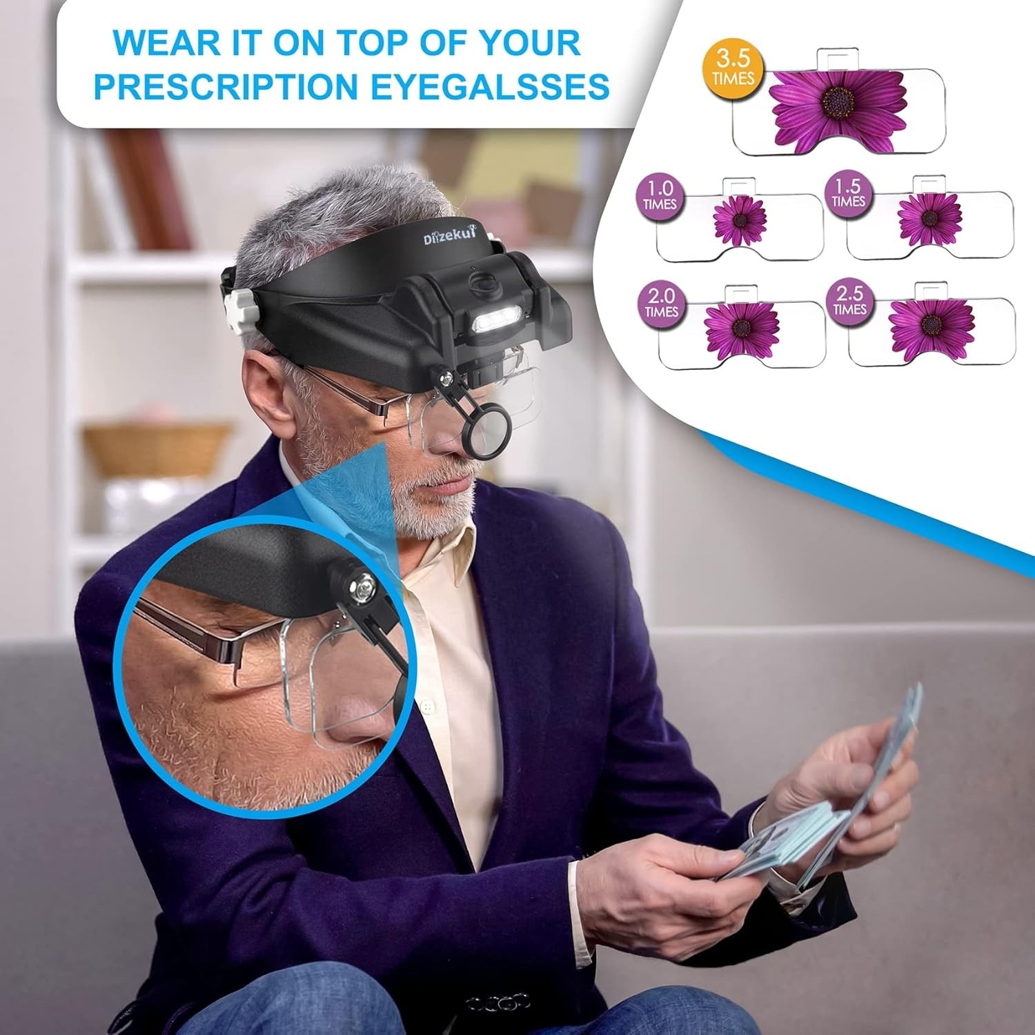 Headband Magnifying Glass with Light, Rechargeable Head Magnifying Glasses 1X to