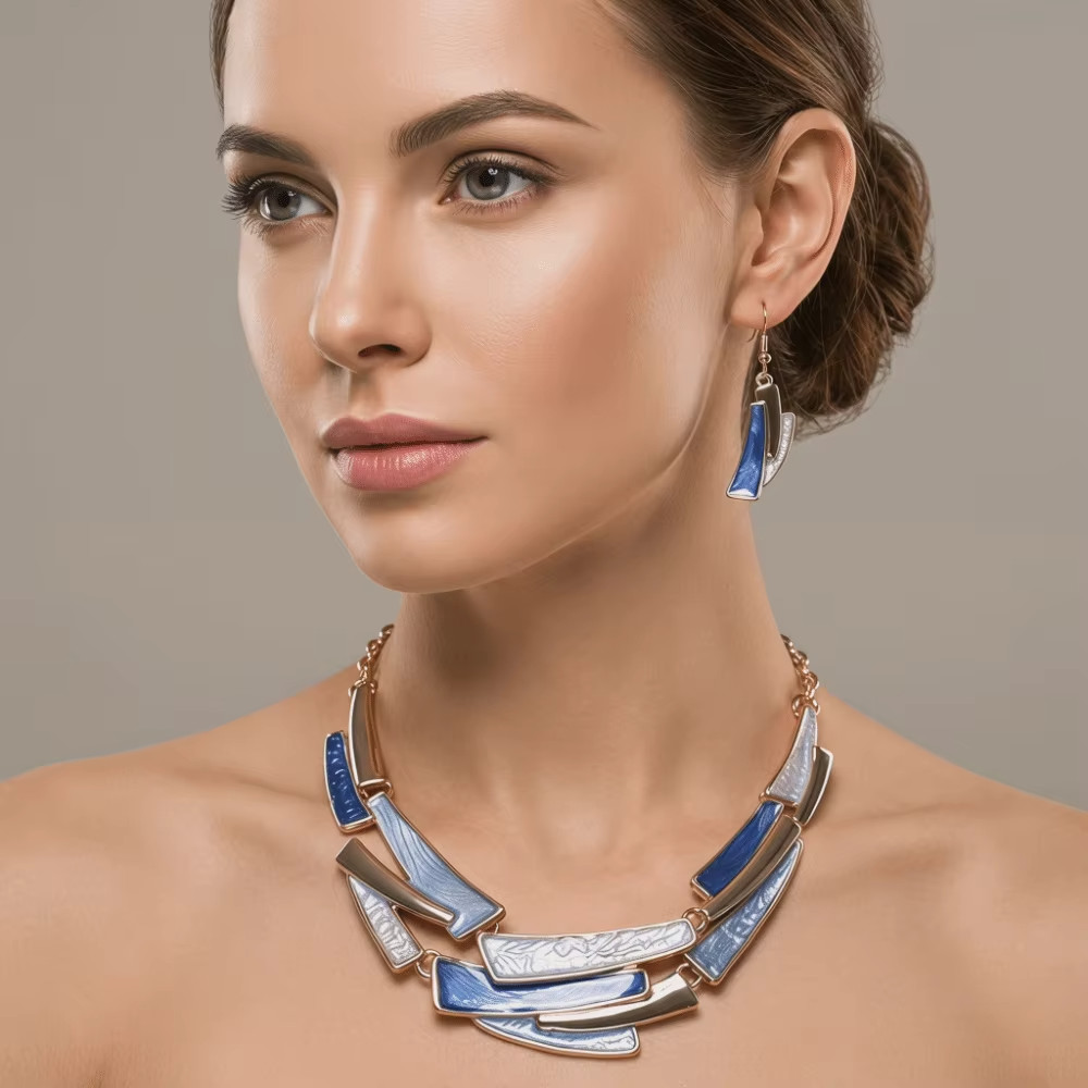 Layered Geometric Enamel Jewelry Set Necklace Earrings Zinc Alloy Elegant Gift