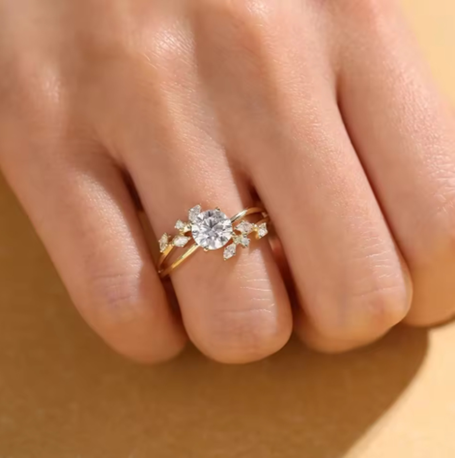 Dainty Sapphire Engagement Ring 14K Gold Plated Floral Leaf Ring Jewelry Gift