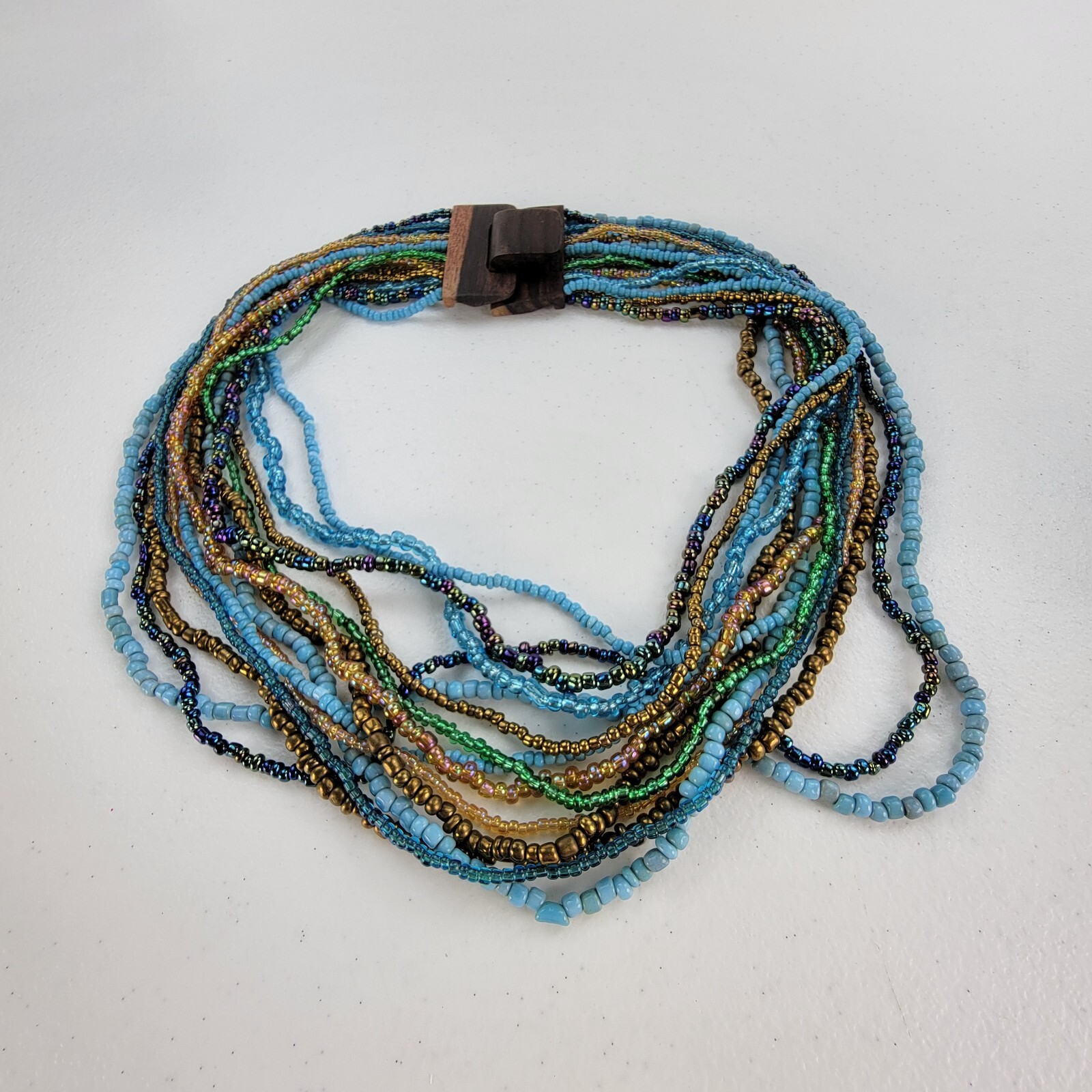 Vintage 14-Strand Multicolor Seed Bead Statement Necklace 20.5 in Wooden Clasp