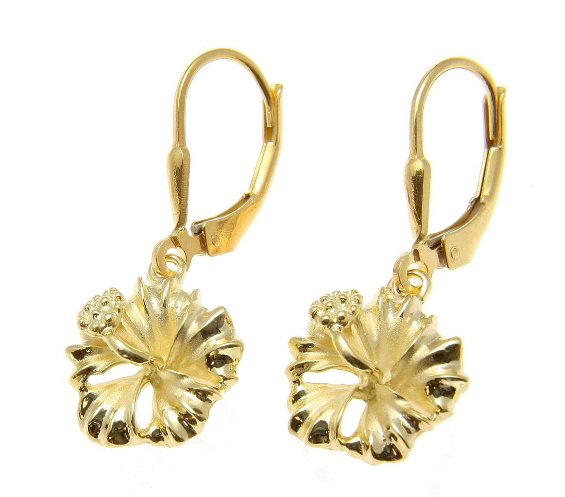 YELLOW GOLD PLATED SILVER 925 HAWAIIAN HIBISCUS LEVERBACK EARRINGS 10MM-15MM