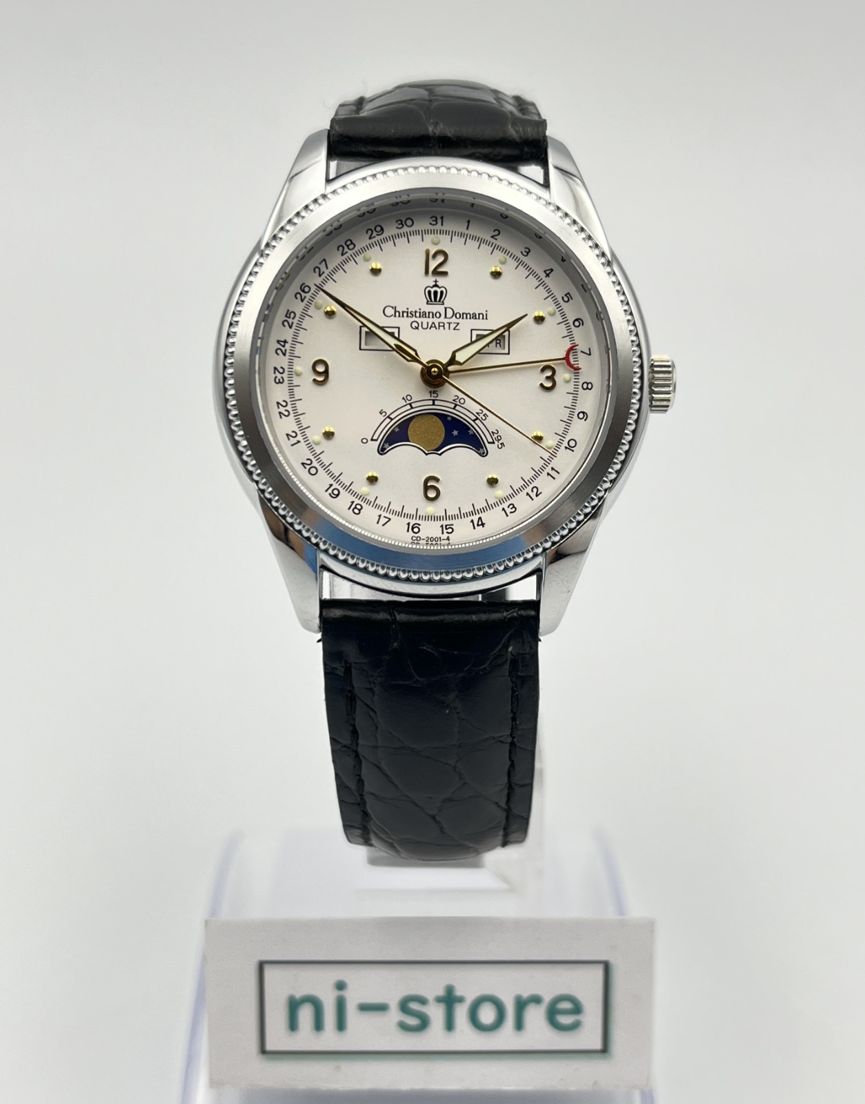 Christiano Domani CD-2001 Moon Phase Quartz men White Dial Watch Japan – Rank B+