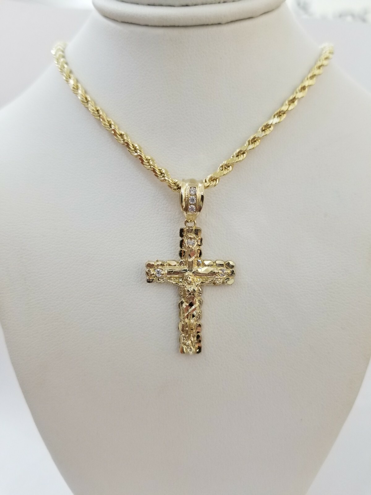 REAL 10k Rope Chain And Cross Charm Pendant 3mm Necklace Jesus Cross Set 16″-28″