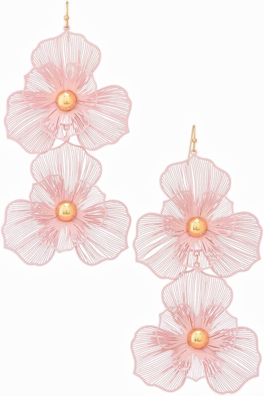 Pink Coated Wire Huge Flower Earrings 4″ Long Gold Plated Nickel Lead Free