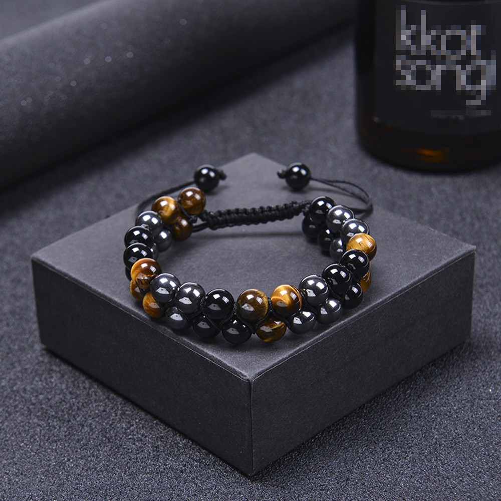 Triple Protection Tiger Eye Hematite Obsidian Bead Healing Adjustable Bracelet