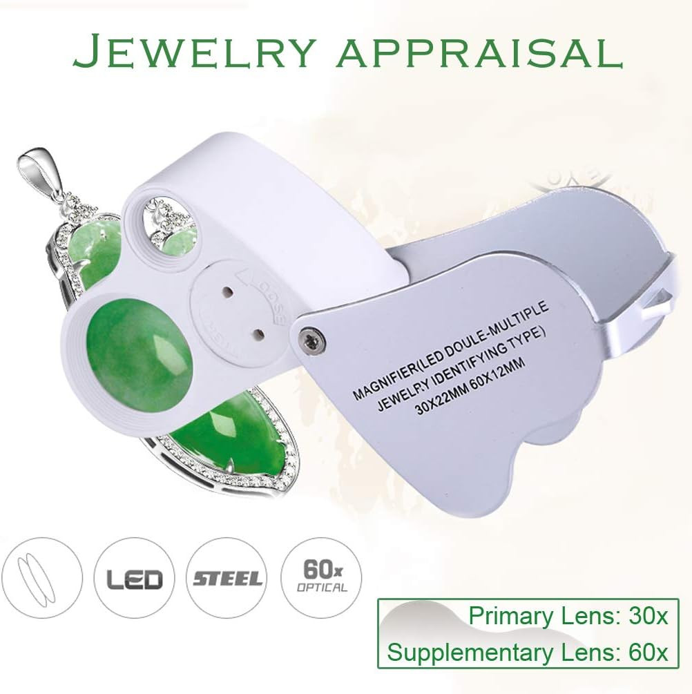2 Lens Jewelry Loupe, 30X 60X Illuminated Jewelers Magnifier | Foldable Magnifyi