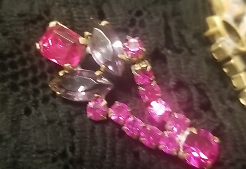 Antique, BIJOUX MG, Earrings&Ring Set, Rhinestones, Ring Size 8, Dark Pink, Gray