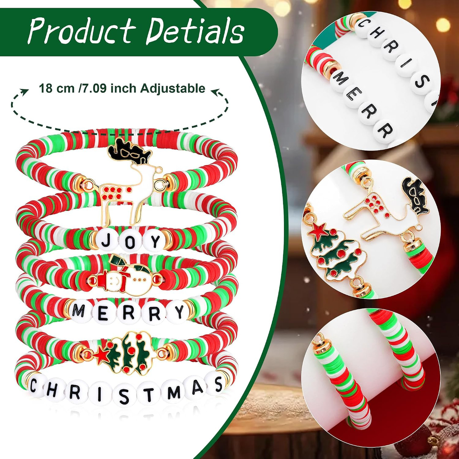 Christmas Bracelets Set, Beaded Holiday Jewelry, Joy Merry Christmas Charms