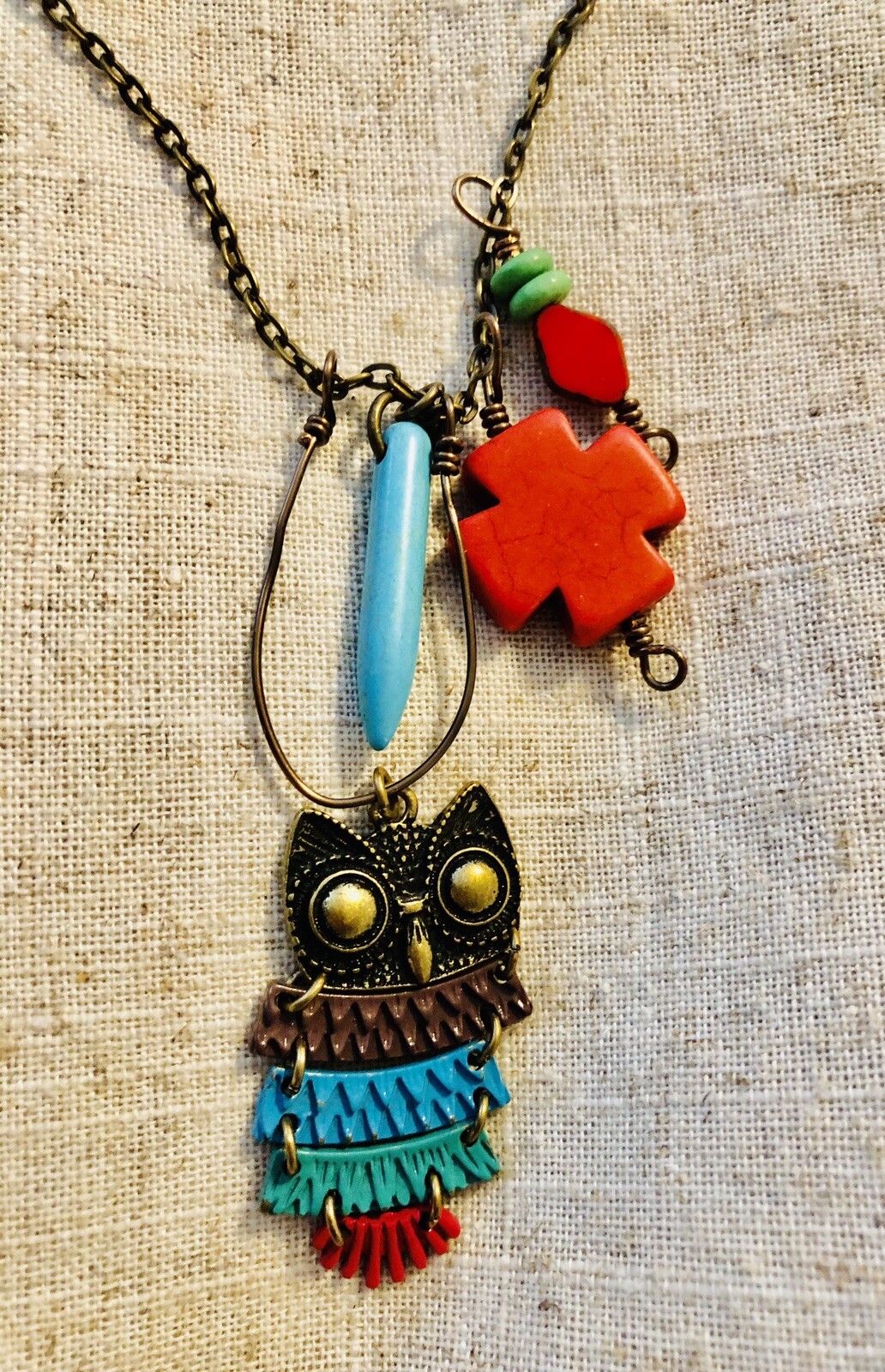 Turquoise Owel Necklace W Vintage Bronze Chain & Red Cross 14 Inch