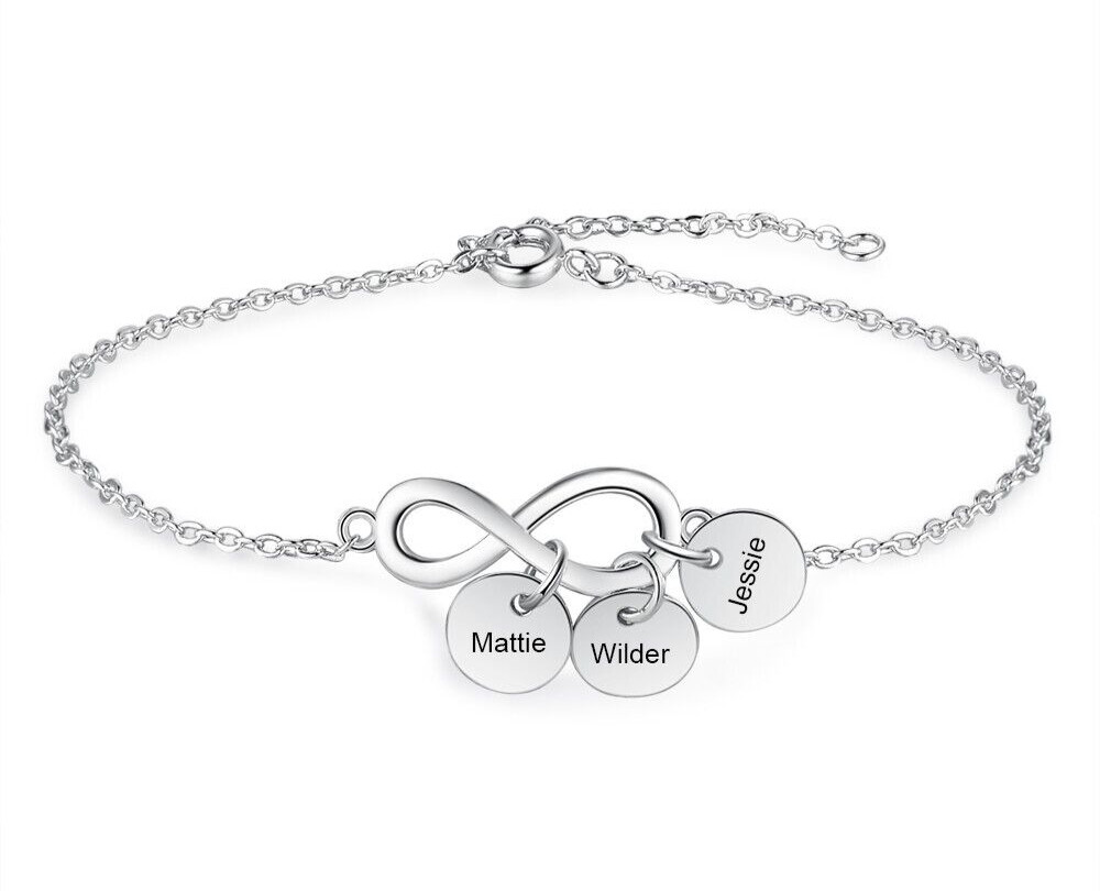 Mother’s Day Infinity Anklet With 3 Custom Engraved Name Charms 925 Sterling