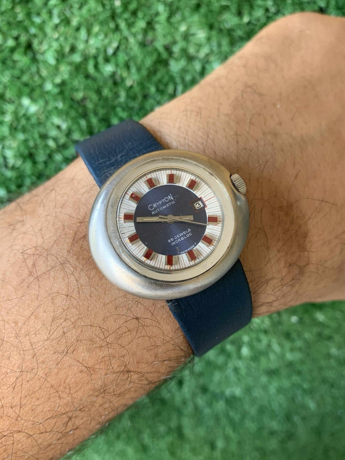 Crypton Automatic Mechanical Watch 25 Jewels Date Blue 37mm 1970s Vintage Red