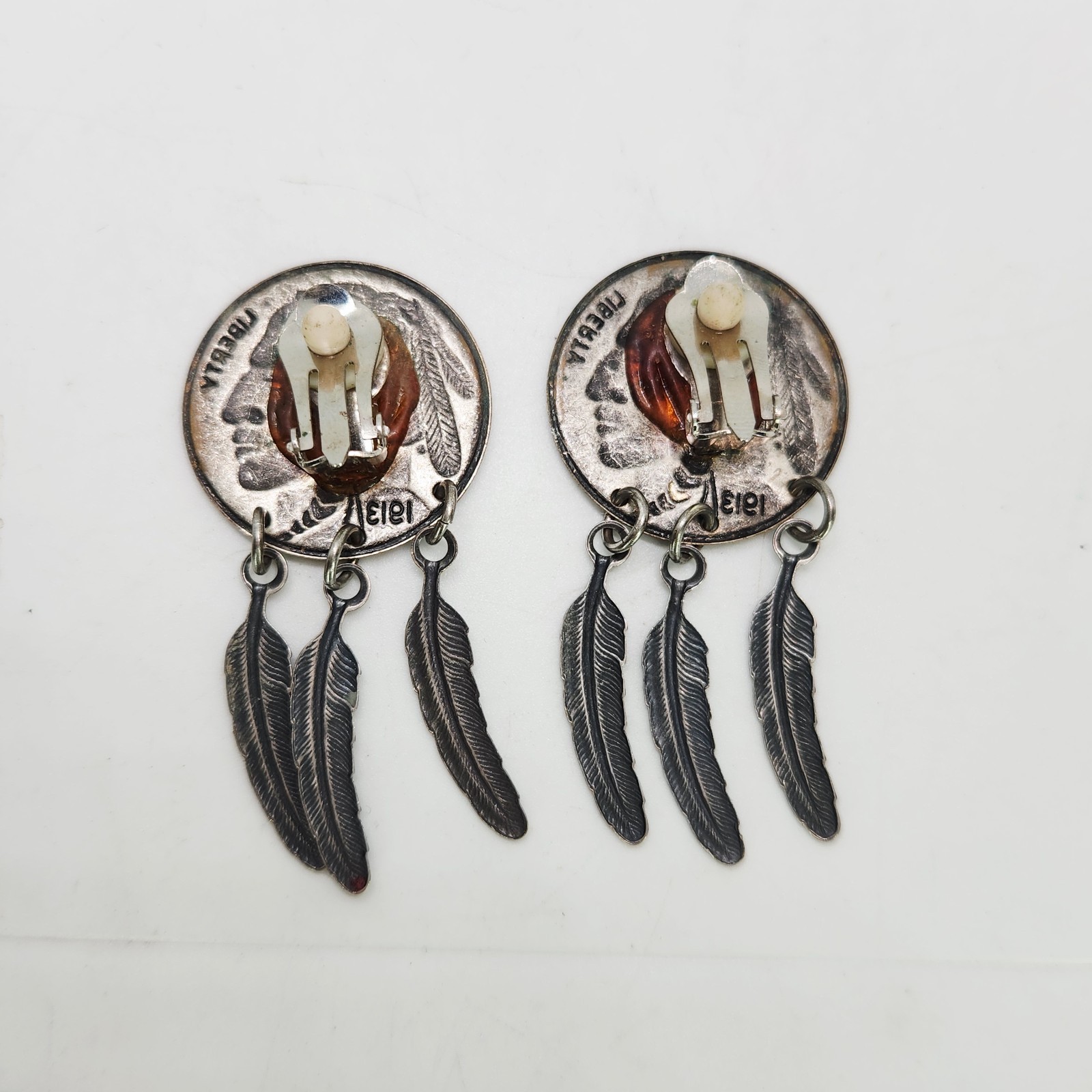 VTG Buffalo Nickle Indian Head 925 Sterling Silver Feather Dangle Coin Earrings