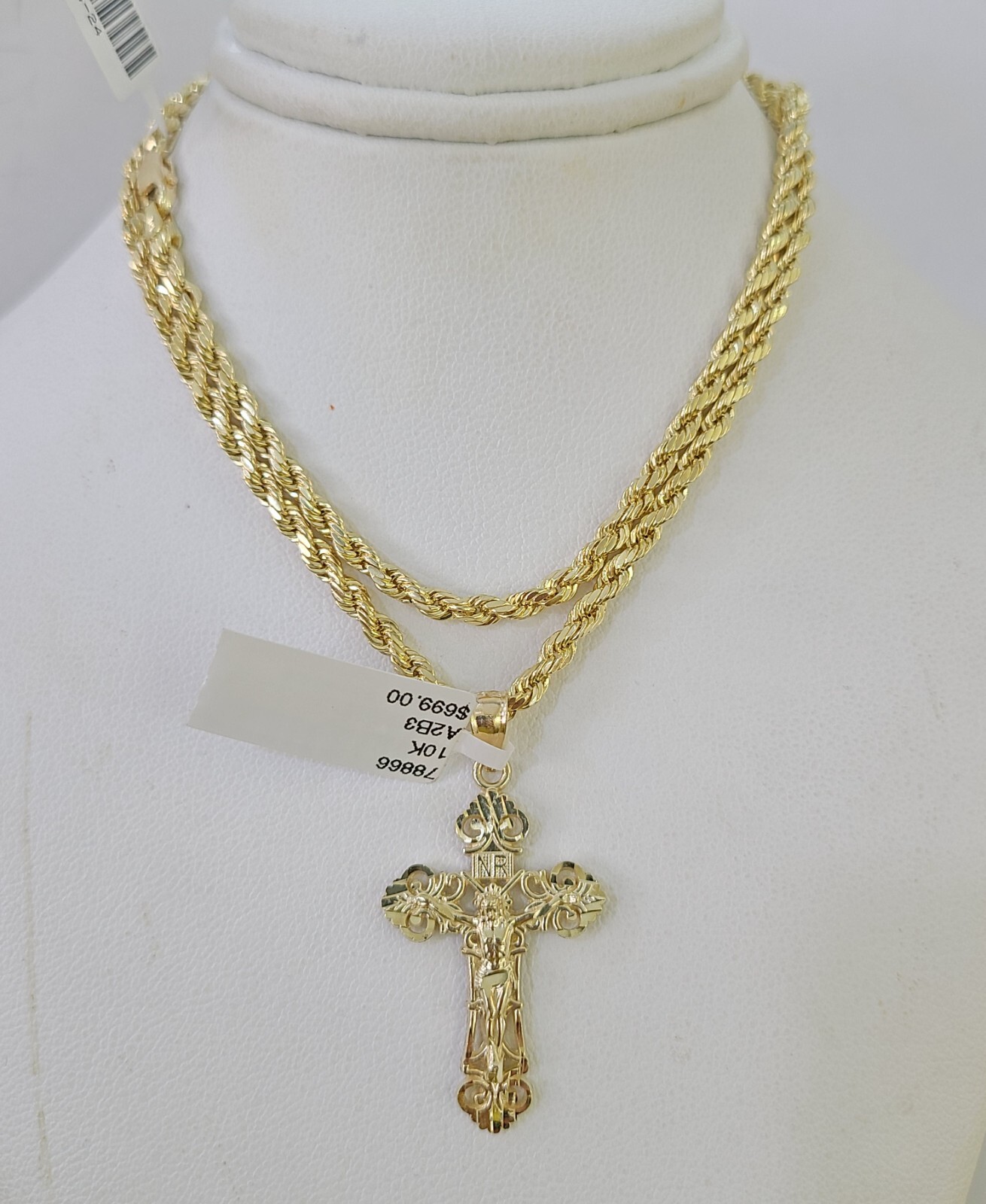 Real 10k 3mm Rope Chain Jesus Cross Pendant Charm 18″ 20″ 22″ 24″ 26″ Set Yellow