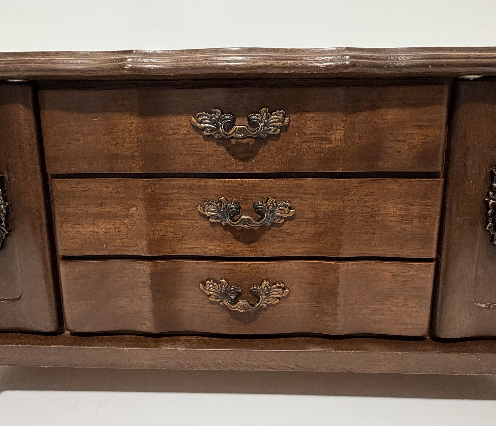 Vintage Wood Jewelry Box Blue Velvet Lined Plays Music Table Top 7 Drawers Doors