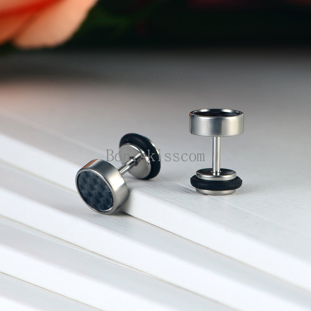 Men’s Women’s Stainless Steel Carbon Fiber 8mm Round Barbell Stud Earrings 2Pcs