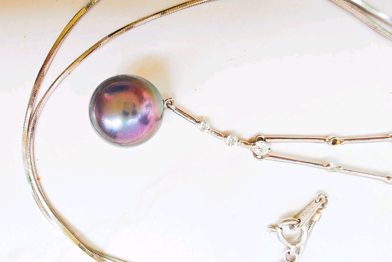 18K White Gold 10.9mm Tahitian Pearl .11ct Diamond Necklace 17” 6.12g