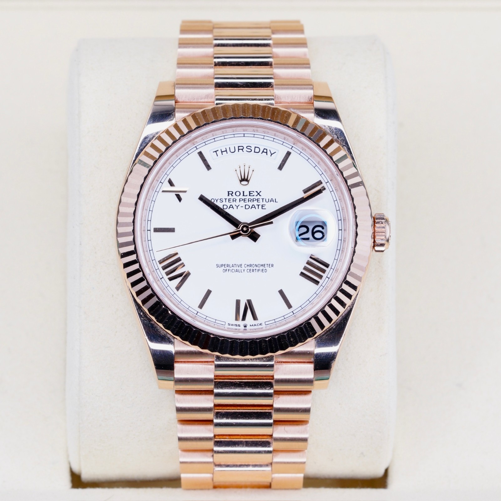 Rolex Day-Date 40 White Dial 18K Rose Gold Fluted Roman Numeral President 228235