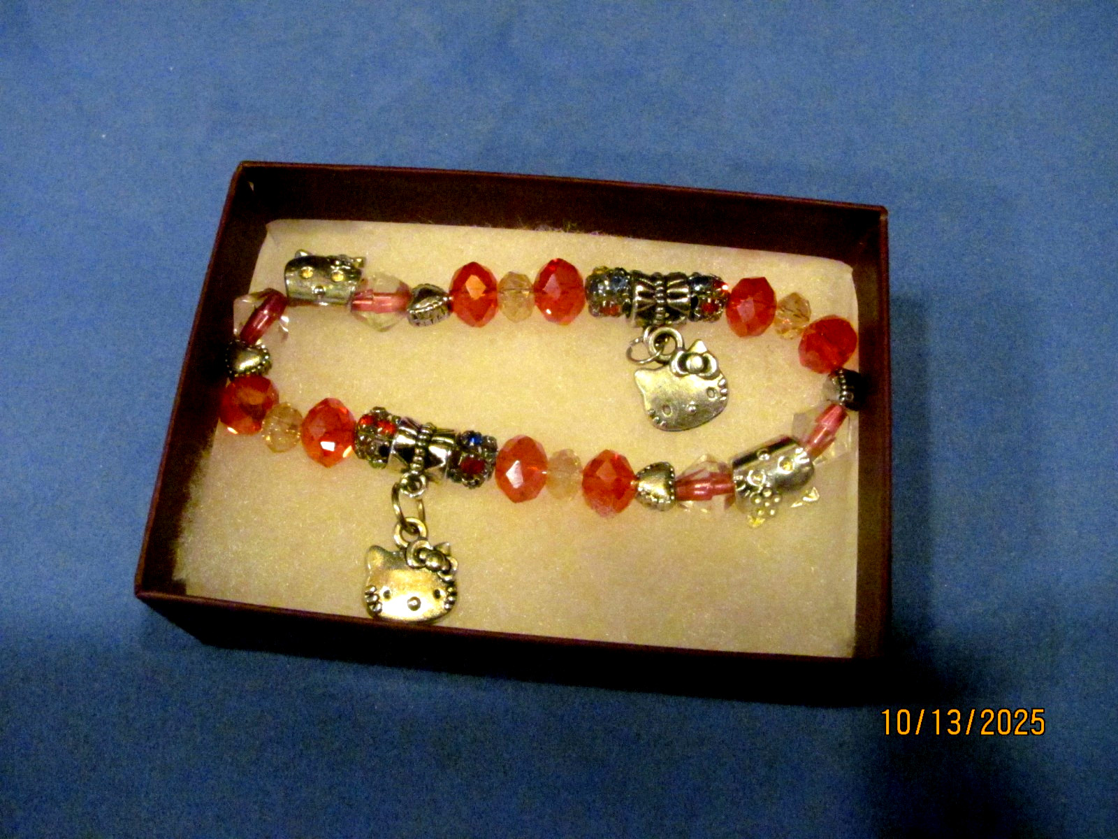 Hello Kitty Bracelet with Red & Pink Crystal, Glass Beads, Stretch Design