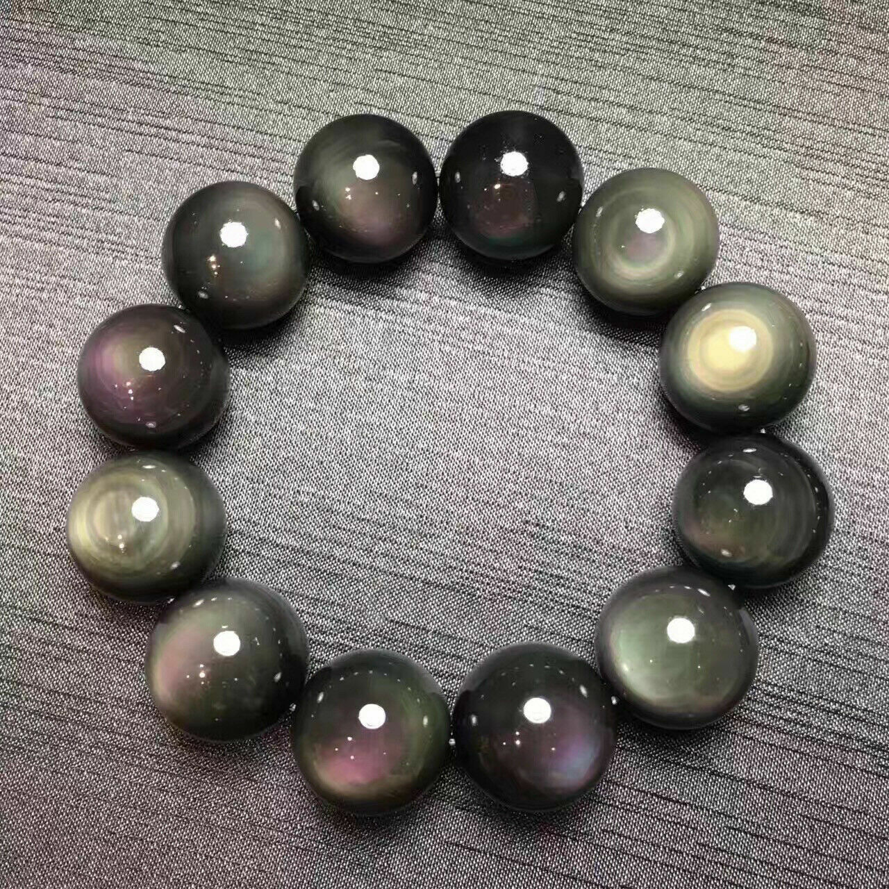 100% Natural 14mm Rainbow Obsidian Round Gemstone Beads Bracelet 7.5″