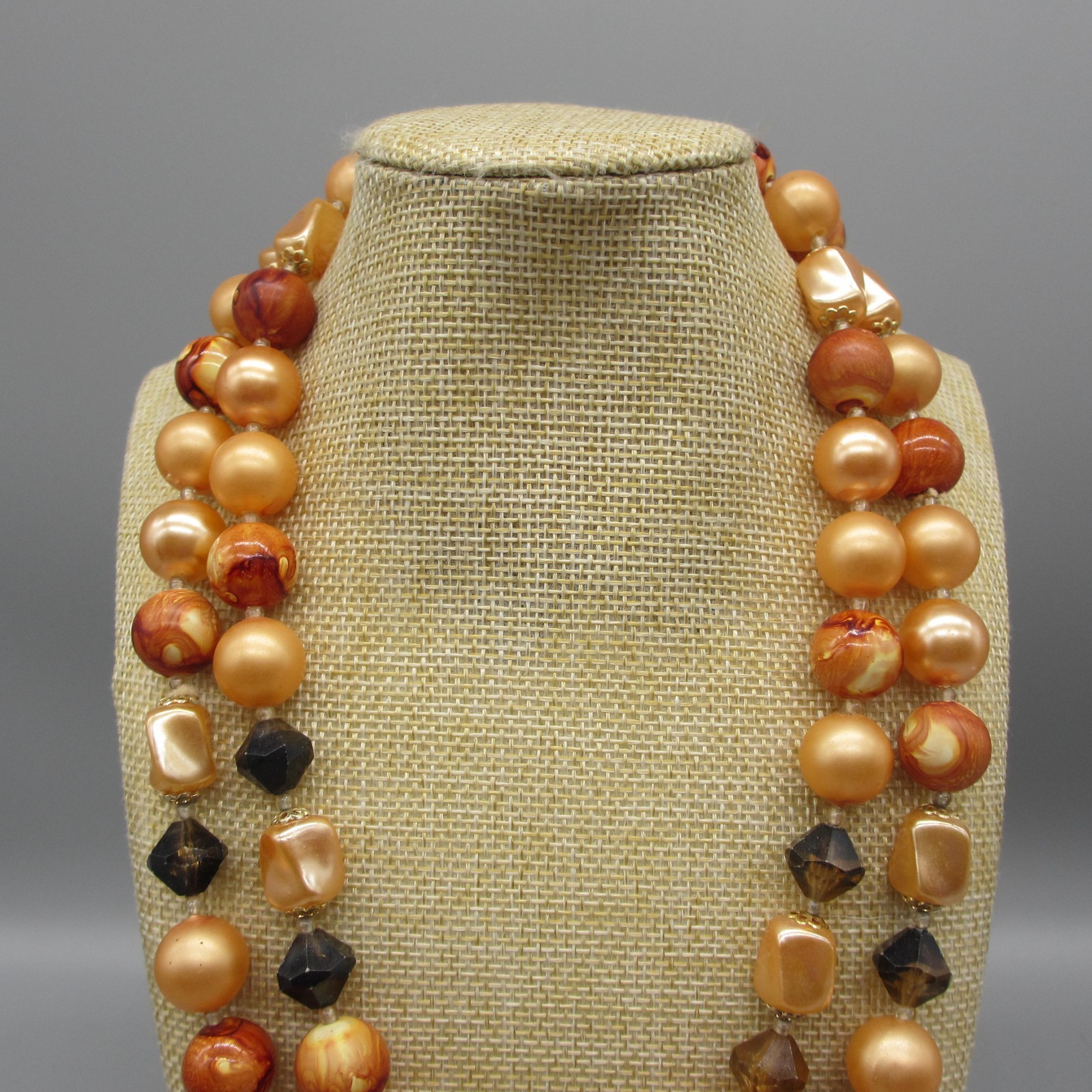 Vintage Hong Kong Necklace MCM Beaded Orange Brown Double Strand 19 Inch