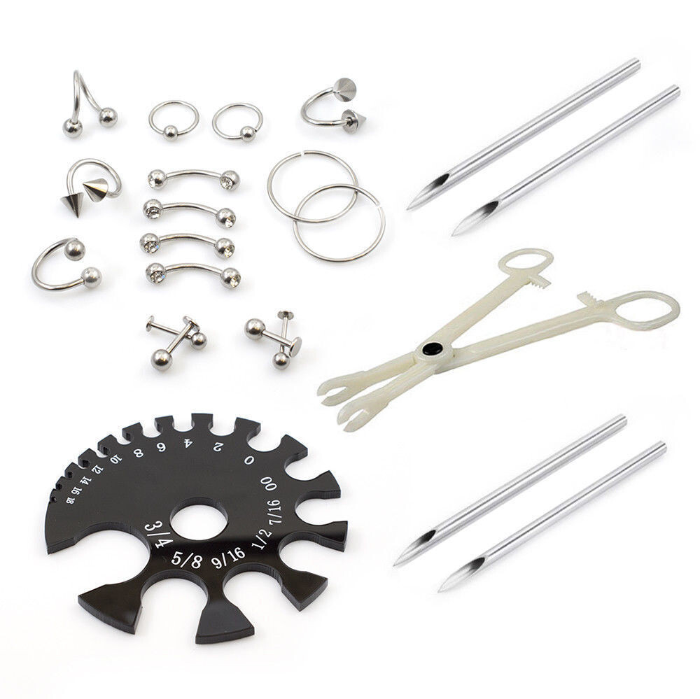 22 Parts Piercing Kit Forceps Needles and Gauge Measurement Tool