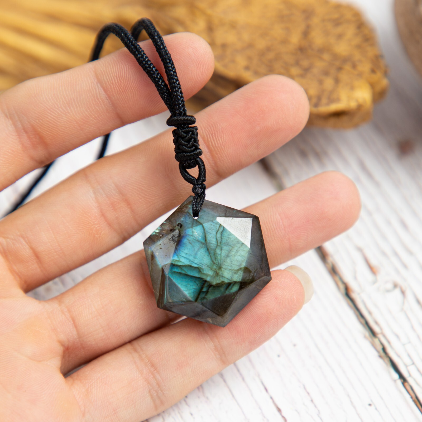 Natural Labradorite Hexagon Pendant Crystal Healing Amulet Women Men Necklace