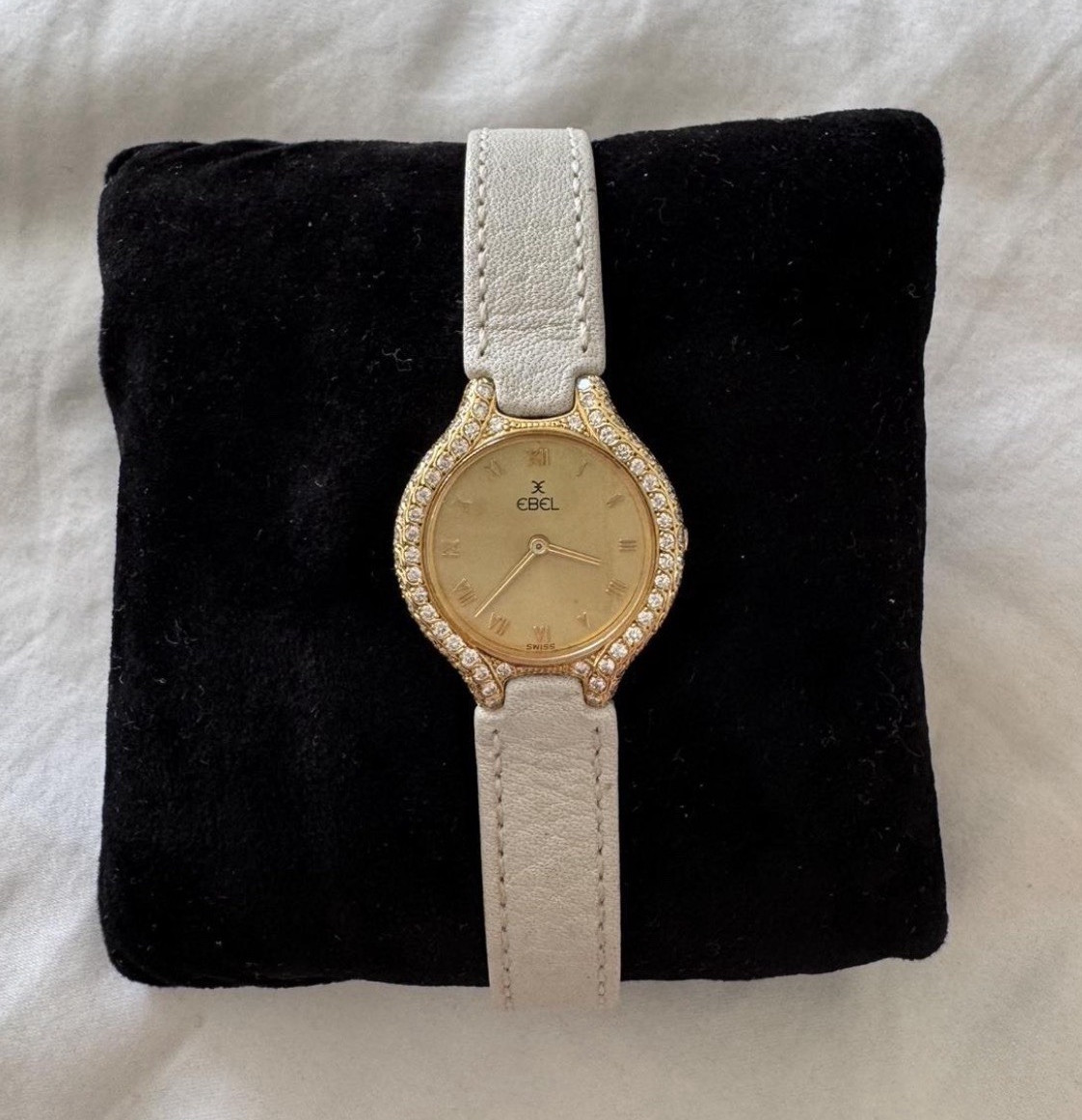 EBEL Beluga Vintage Quartz Gold Dial Roman Numerals Gem-Set Bezel White Leather