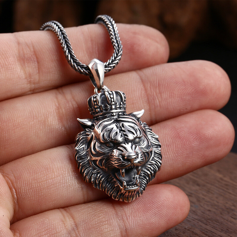 1PC S925 Silver CROWNED TIGER KING Pendant Roaring Gothic Biker Mens 15g STAMPED