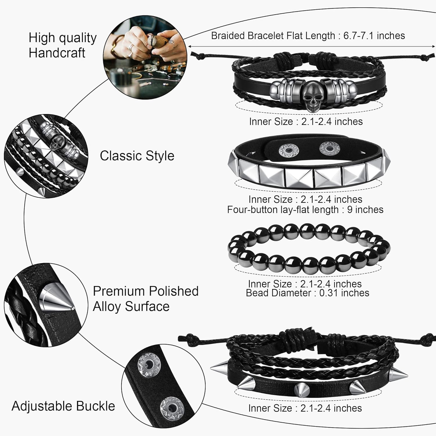 4Pcs 7.2-7.8in Punk Bracelets for Men Women Leather Spike Bracelet Metal Cuff…
