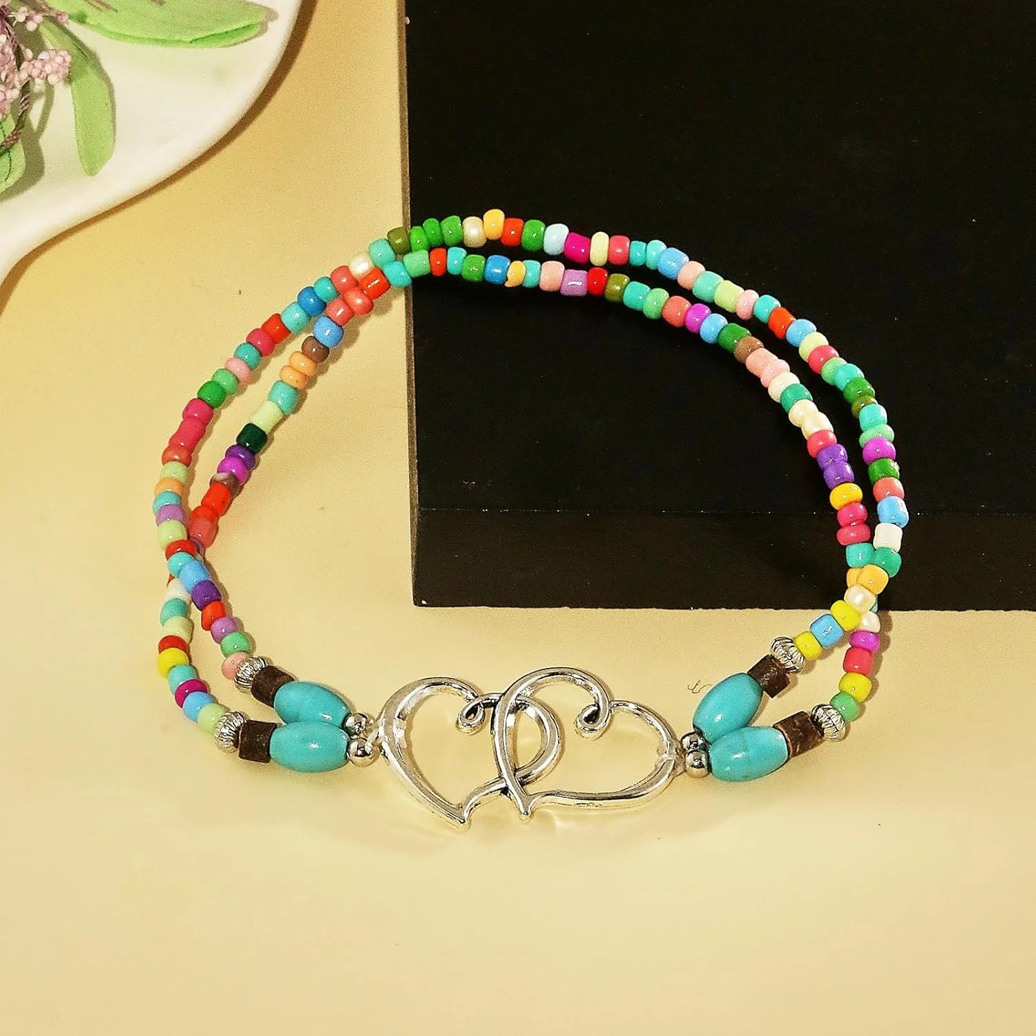 Elastic Beaded Ankle Bracelets for Women Double Heart Layered Stretch Ankle Brac