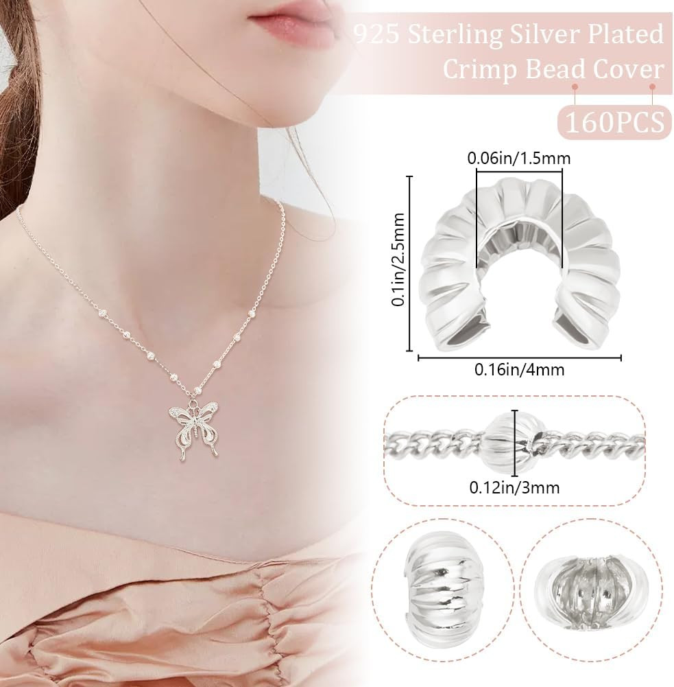 1 Box 160Pcs Silver Crimp Bead Covers 925 Sterling Silver Plated