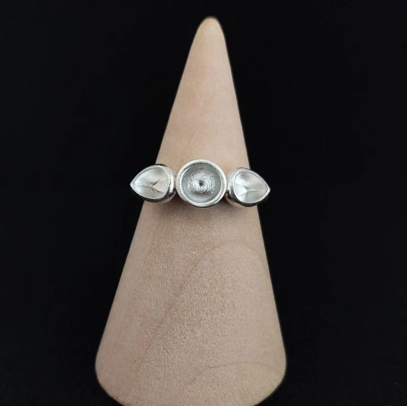 925 Sterling Silver 3-Stone Cup Bezel Ring Round & Pear Gem Stacking Ring