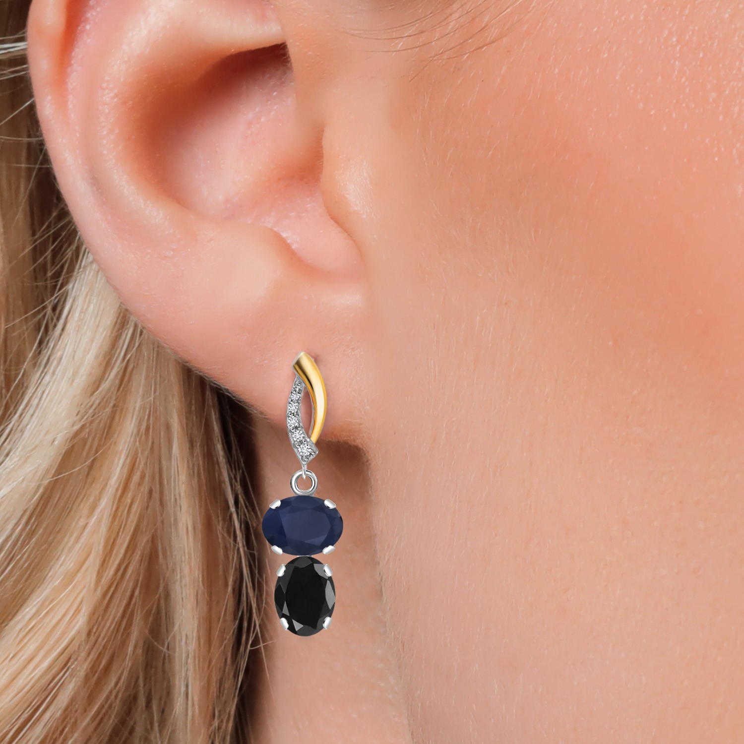 925 Silver and 10K Yellow Gold Sapphire and Black Sapphire and Lab Grown
