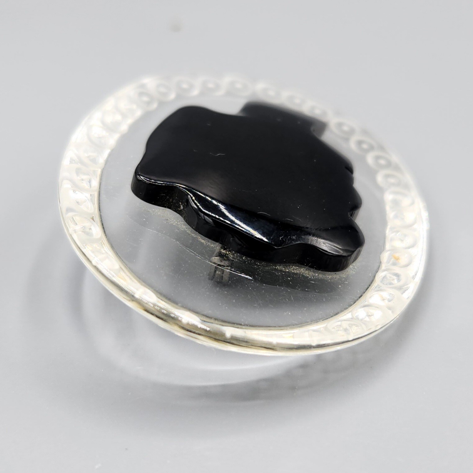 Vintage Unsigned Clear Black Lucite Cameo Oval Brooch Pin
