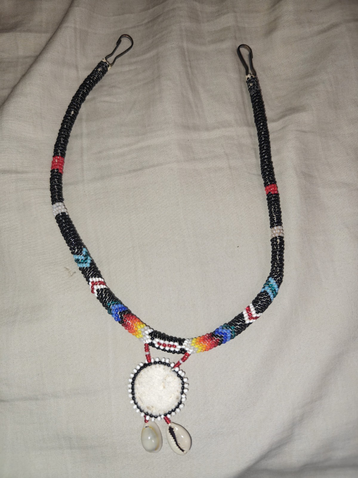Vintage 1980s Arapaho Beaded Rope Necklace Rosette Medallion Cowrie Shells
