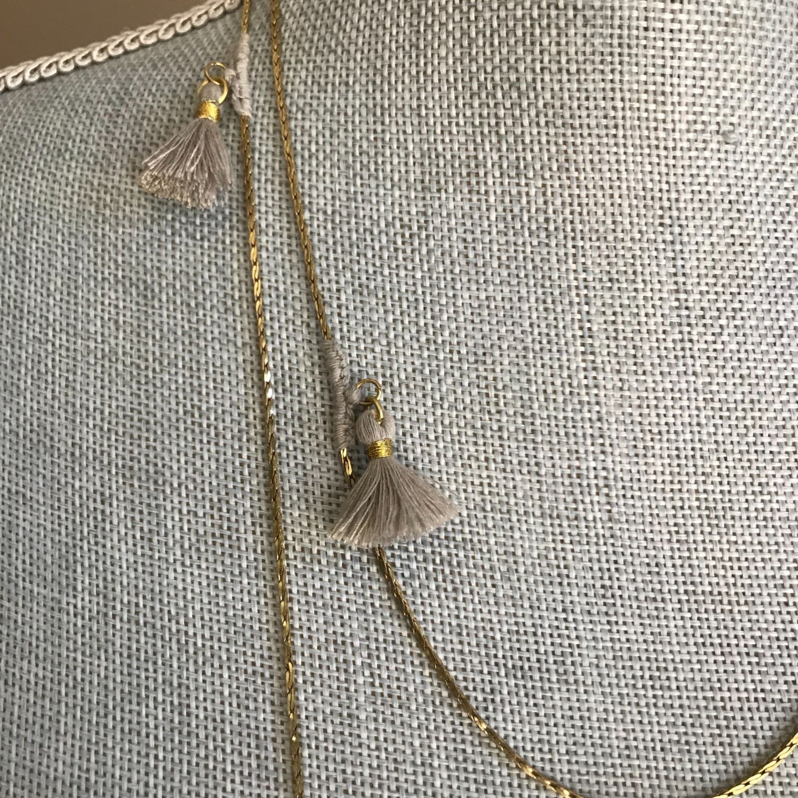 NWT Anthropologie Jewelry Boho Necklace Long Thin Gold Strand w/ Gray Tassels