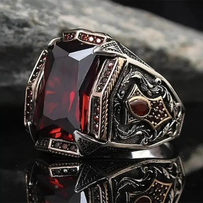 Turkish Signet Ring Silver Color Carved Zircon Inlay Biker Style Unisex Jewelry