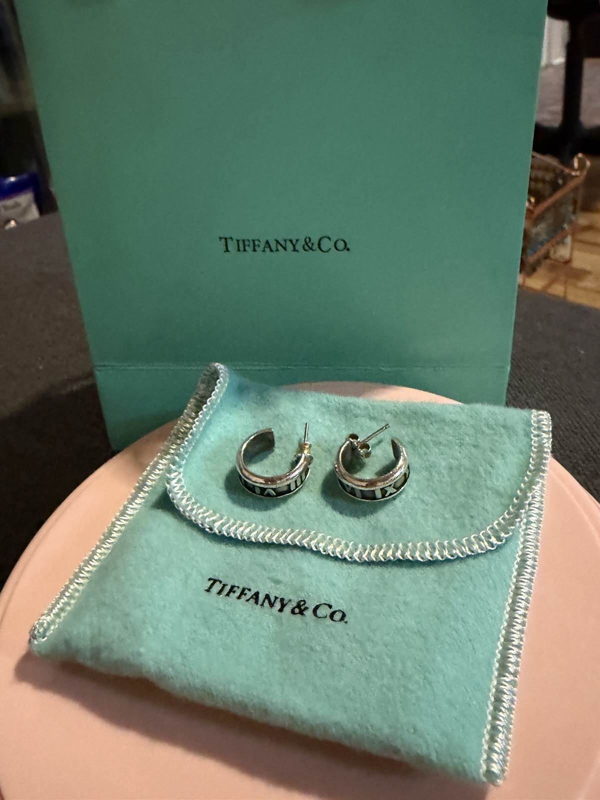 Tiffany & Co. 925 Sterling Silver Hoop Earrings Butterfly Closure w/ Box Pouch