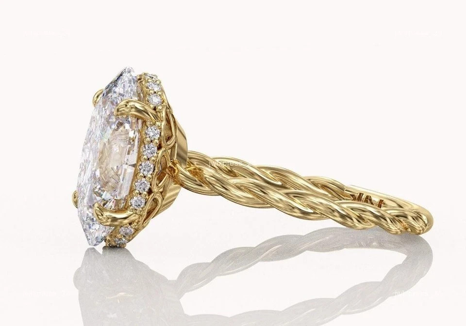White Moissanite 4.20 Ct Oval Cut Hidden Halo Engagement Ring 14K Yellow Gold FN