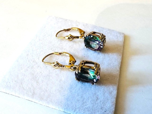 Estate 10K Yellow Gold Mystic Topaz Dangle Drop Earrings