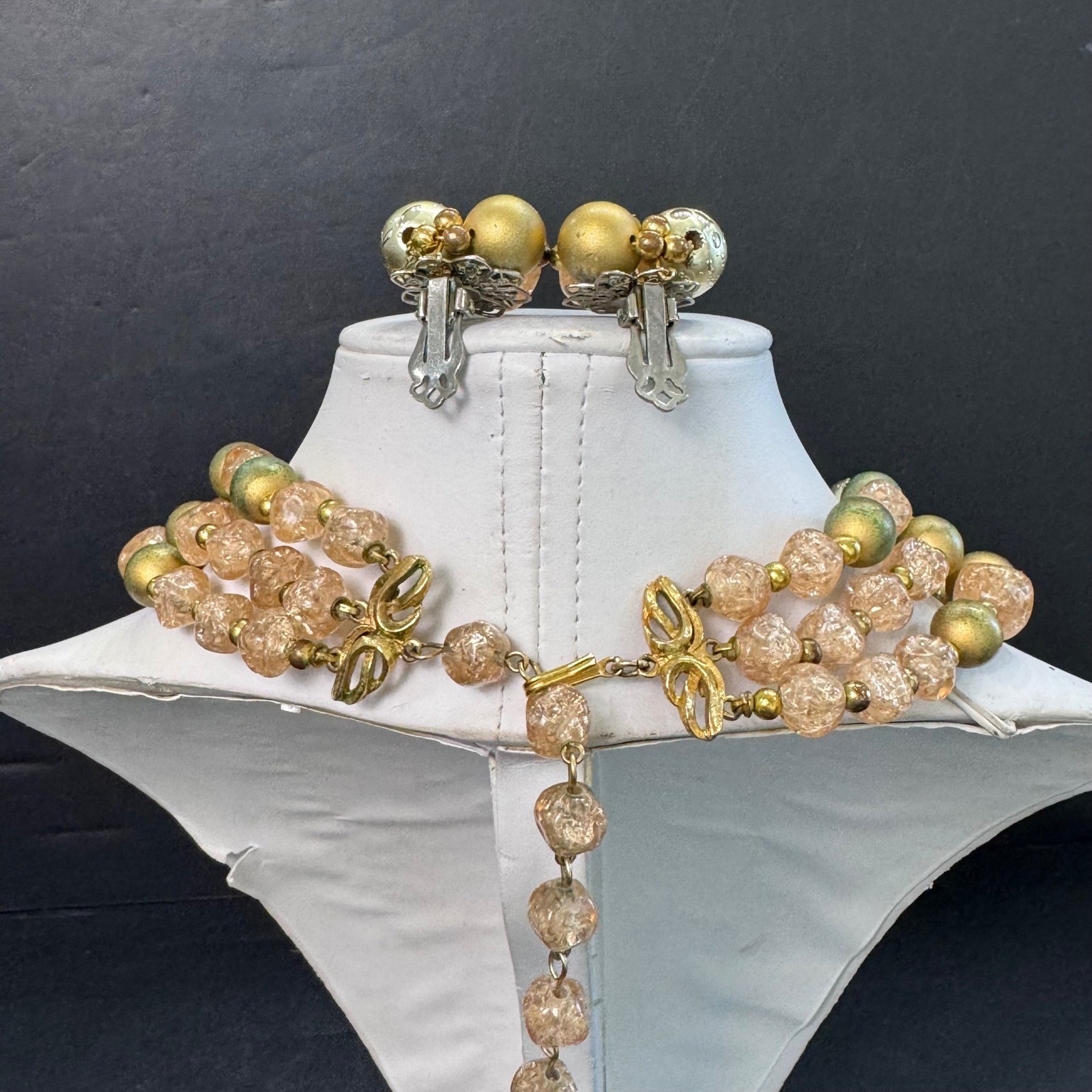 Vintage 3 Strand Danville Gold Peach Necklace & Clip On Earrings