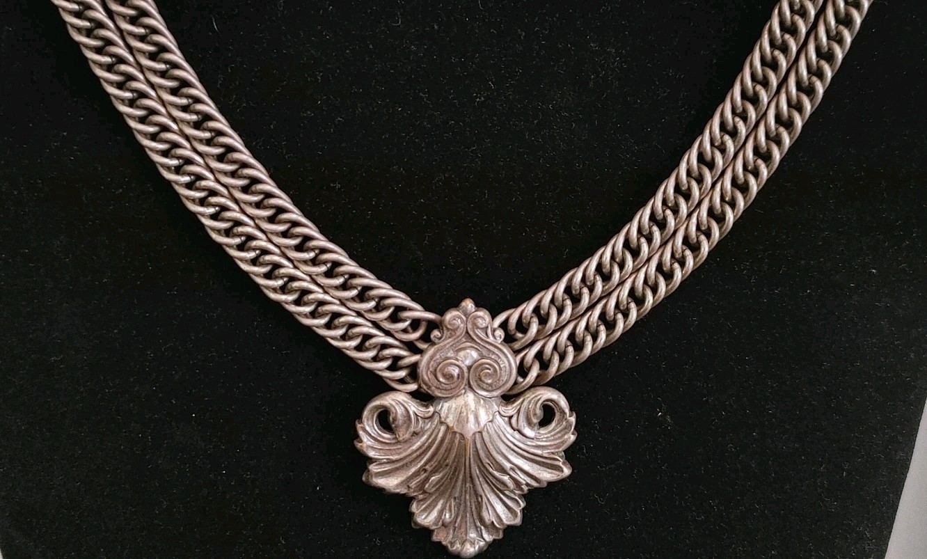 Vintage Signed Joseff of Hollywood Statement Necklace Double Chain Silver Tone