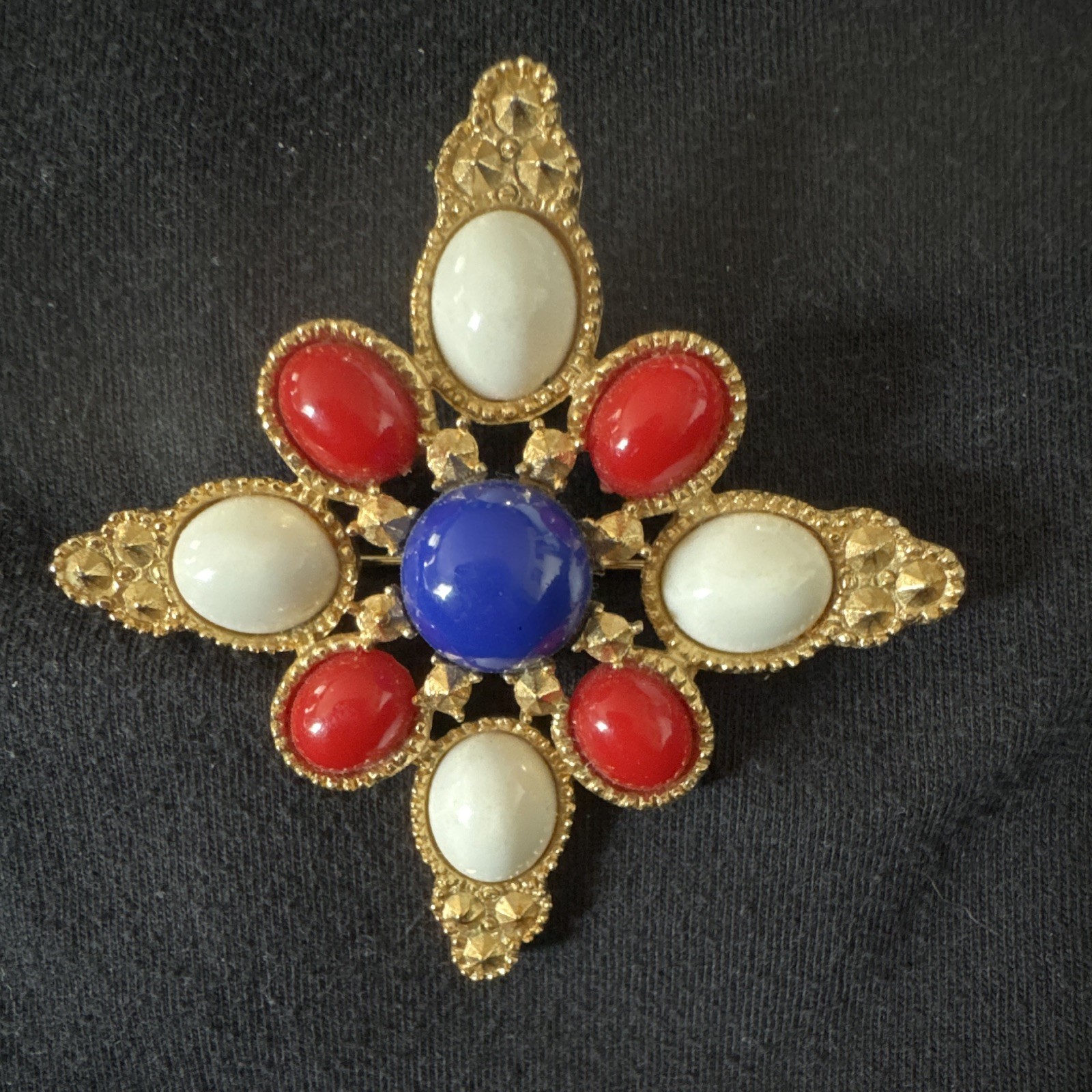 Sarah Cov Signed Gold Tone Cross Brooch Pin w/ Red White Blue Cabochons