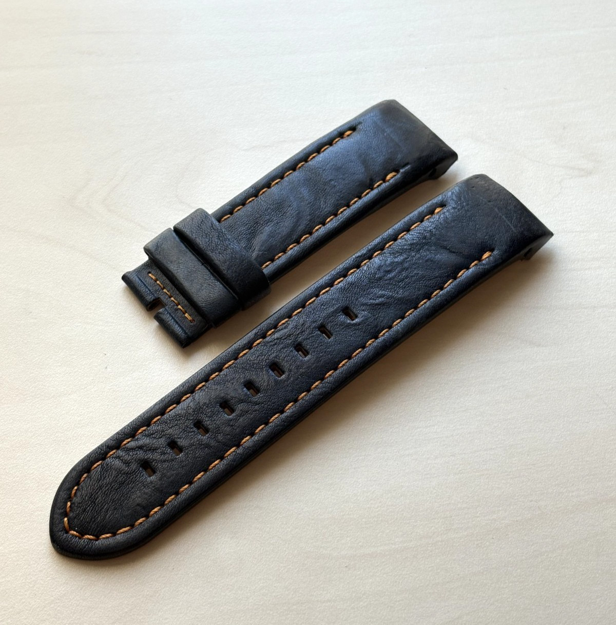 24 mm Vostok Europe Anchar Dark blue leather strap, orange stiching, no buckle