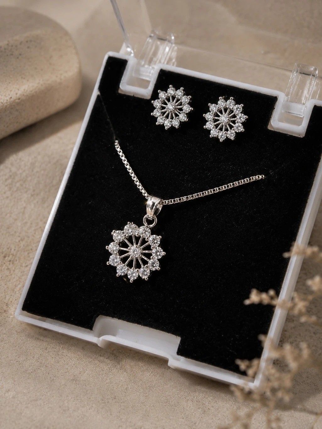Elegant Crystal Flower Necklace Earrings Set Beauty Occasion lab created stone