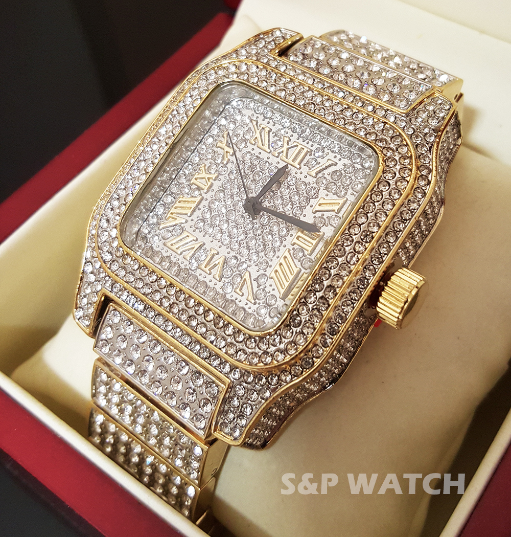 Men Two Tone Full Iced Bling Hip Hop Lab Diamond Square Bust Down Metal Watch