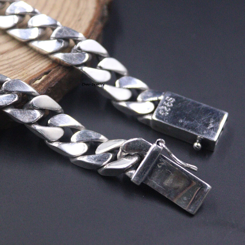 Solid S925 Sterling Silver Chain 8mm Cuban Curb Link Bracelet 34-35g 7.9inch